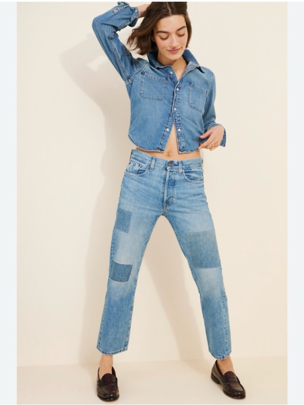 Edwin Light Blue Patchwork Ankle Jeans